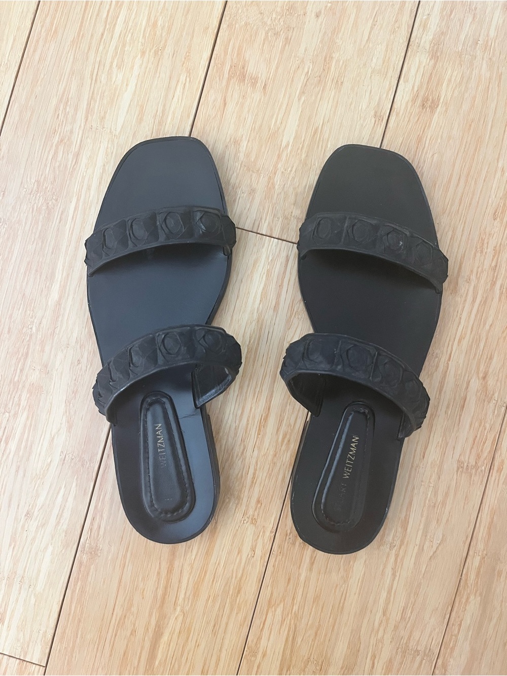 Stuart Weitzman Black Double-Strap Square-Toe Slide Sandals